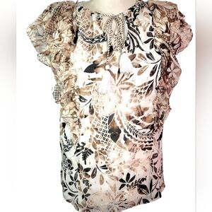 White House Black Market Floral Ruffle Sleeve Blouse - Brown and Cream. L